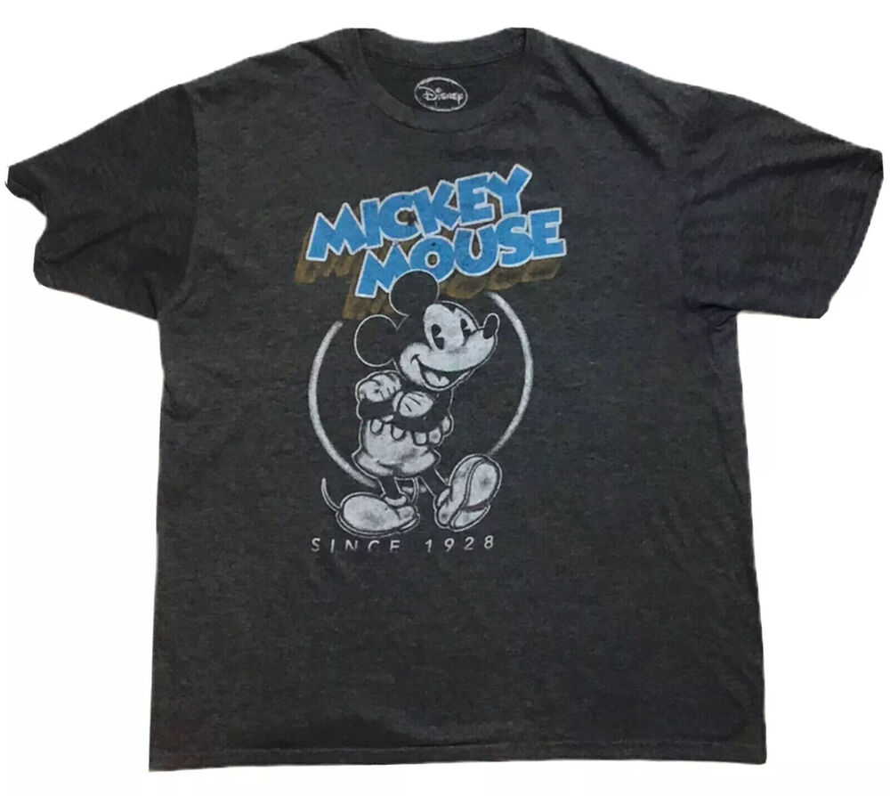 Disney Mens XL Mickey Mouse Since 1928 Distressed Heather Gray Retro Graphic Tee